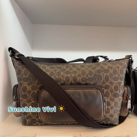 NWT Coach Finn Crossbody Bag Pockets Loved Signature Canvas Gunmetal/Brown CDY57